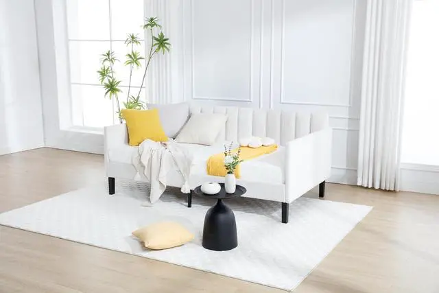 Alt view image 4 of 7 - Twin Size Upholstered Daybed with Storage,Boucle Daybed Frame with Ribbed Tufted Backrest,Modern Comfy Corner Bed for Adults,Living Room,Home Office,Guest Bedroom