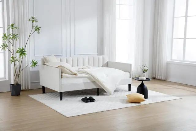 Alt view image 6 of 7 - Twin Size Upholstered Daybed with Storage,Boucle Daybed Frame with Ribbed Tufted Backrest,Modern Comfy Corner Bed for Adults,Living Room,Home Office,Guest Bedroom