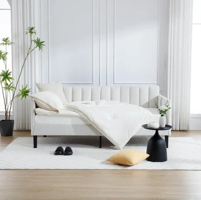 Alt view image 5 of 7 - Twin Size Upholstered Daybed with Storage,Boucle Daybed Frame with Ribbed Tufted Backrest,Modern Comfy Corner Bed for Adults,Living Room,Home Office,Guest Bedroom