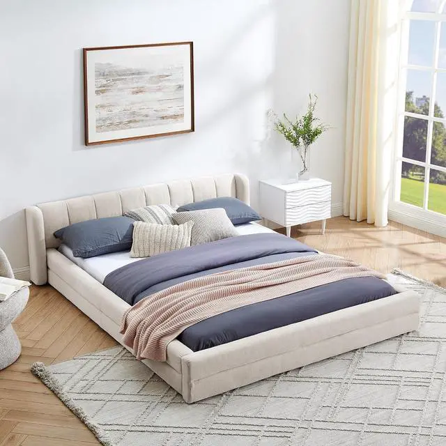 Main image of Queen Bed Frame with with Headboard, Chenille Upholstered Bed Frame, Grounded Queen Platform Bed, Thick Fabric Double Bed with Solid Wooden Slats Support, Beige