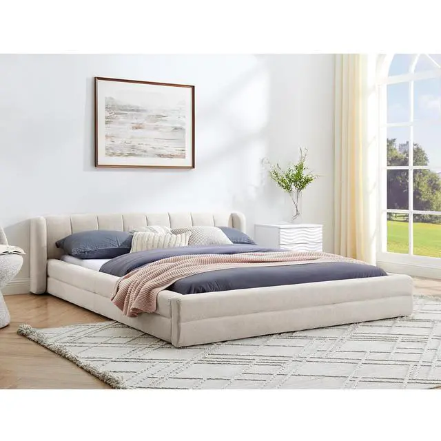 Alt view image 3 of 7 - Queen Bed Frame with with Headboard, Chenille Upholstered Bed Frame, Grounded Queen Platform Bed, Thick Fabric Double Bed with Solid Wooden Slats Support, Beige