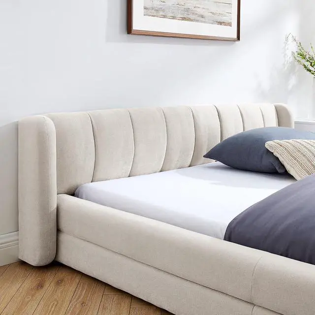 Alt view image 5 of 7 - Queen Bed Frame with with Headboard, Chenille Upholstered Bed Frame, Grounded Queen Platform Bed, Thick Fabric Double Bed with Solid Wooden Slats Support, Beige