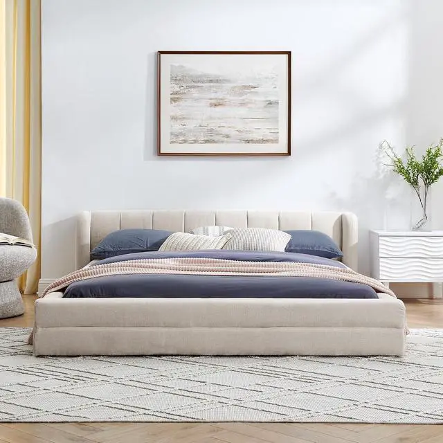 Alt view image 4 of 7 - Queen Bed Frame with with Headboard, Chenille Upholstered Bed Frame, Grounded Queen Platform Bed, Thick Fabric Double Bed with Solid Wooden Slats Support, Beige