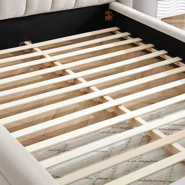 Alt view image 6 of 7 - Queen Bed Frame with with Headboard, Chenille Upholstered Bed Frame, Grounded Queen Platform Bed, Thick Fabric Double Bed with Solid Wooden Slats Support, Beige