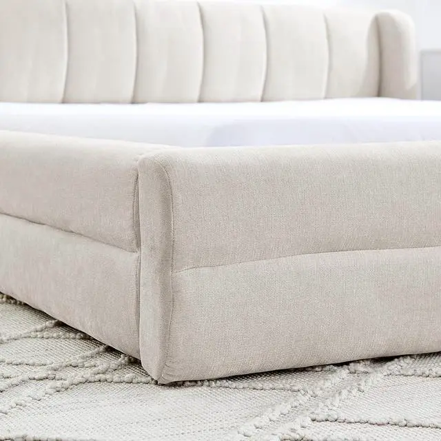 Alt view image 7 of 7 - Queen Bed Frame with with Headboard, Chenille Upholstered Bed Frame, Grounded Queen Platform Bed, Thick Fabric Double Bed with Solid Wooden Slats Support, Beige