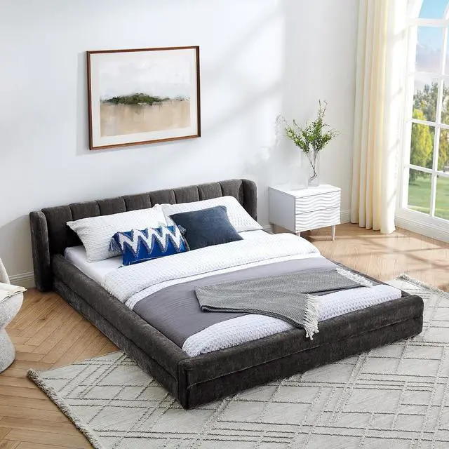 Main image of Queen Bed Frame with with Headboard, Chenille Upholstered Bed Frame, Grounded Queen Platform Bed, Thick Fabric Double Bed with Solid Wooden Slats Support, Dark Grey