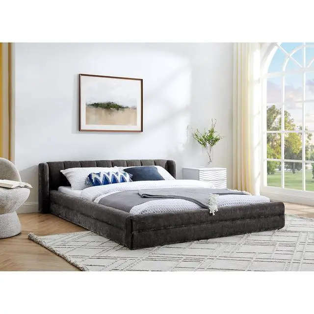 Alt view image 3 of 7 - Queen Bed Frame with with Headboard, Chenille Upholstered Bed Frame, Grounded Queen Platform Bed, Thick Fabric Double Bed with Solid Wooden Slats Support, Dark Grey