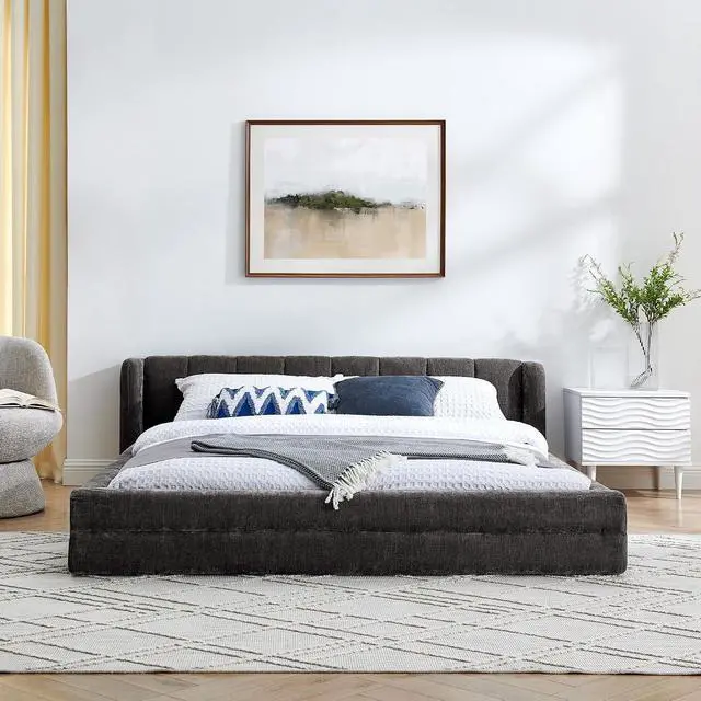 Alt view image 4 of 7 - Queen Bed Frame with with Headboard, Chenille Upholstered Bed Frame, Grounded Queen Platform Bed, Thick Fabric Double Bed with Solid Wooden Slats Support, Dark Grey