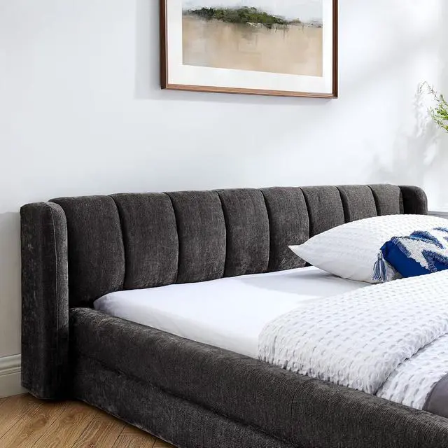 Alt view image 5 of 7 - Queen Bed Frame with with Headboard, Chenille Upholstered Bed Frame, Grounded Queen Platform Bed, Thick Fabric Double Bed with Solid Wooden Slats Support, Dark Grey
