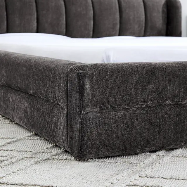 Alt view image 7 of 7 - Queen Bed Frame with with Headboard, Chenille Upholstered Bed Frame, Grounded Queen Platform Bed, Thick Fabric Double Bed with Solid Wooden Slats Support, Dark Grey