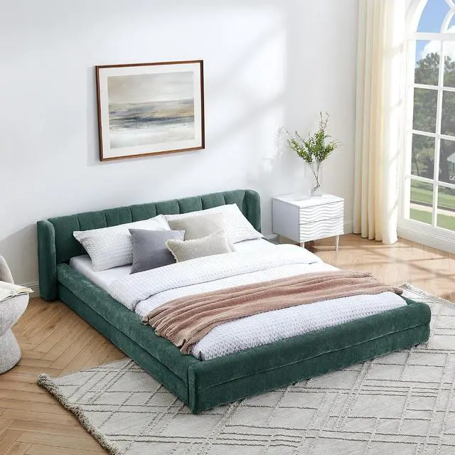 Main image of Queen Bed Frame with with Headboard, Chenille Upholstered Bed Frame, Grounded Queen Platform Bed, Thick Fabric Double Bed with Solid Wooden Slats Support, Green