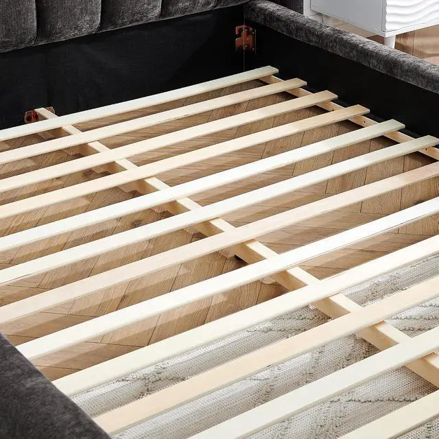 Alt view image 6 of 7 - Queen Bed Frame with with Headboard, Chenille Upholstered Bed Frame, Grounded Queen Platform Bed, Thick Fabric Double Bed with Solid Wooden Slats Support, Dark Grey