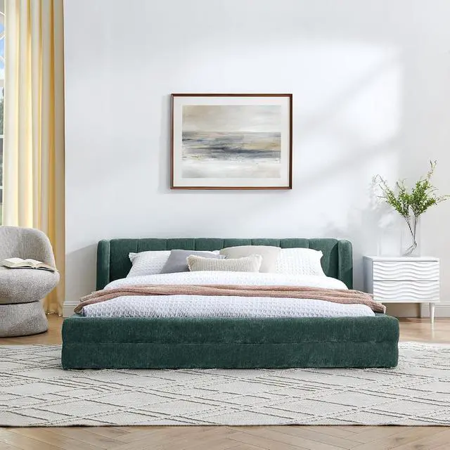 Alt view image 4 of 7 - Queen Bed Frame with with Headboard, Chenille Upholstered Bed Frame, Grounded Queen Platform Bed, Thick Fabric Double Bed with Solid Wooden Slats Support, Green