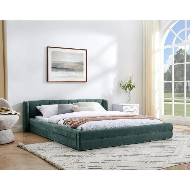 Alt view image 3 of 7 - Queen Bed Frame with with Headboard, Chenille Upholstered Bed Frame, Grounded Queen Platform Bed, Thick Fabric Double Bed with Solid Wooden Slats Support, Green