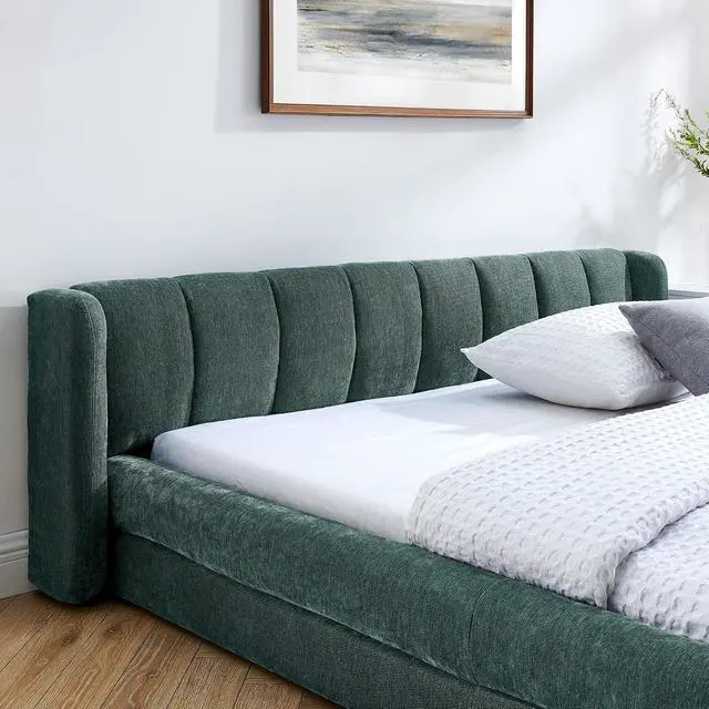 Alt view image 5 of 7 - Queen Bed Frame with with Headboard, Chenille Upholstered Bed Frame, Grounded Queen Platform Bed, Thick Fabric Double Bed with Solid Wooden Slats Support, Green