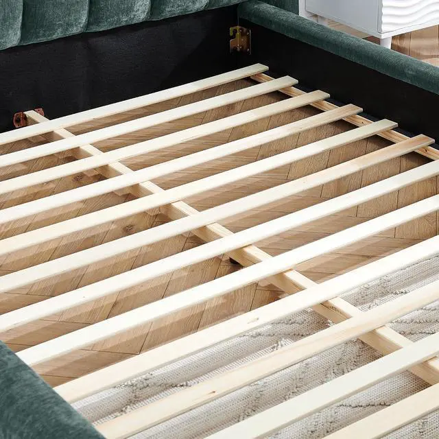 Alt view image 6 of 7 - Queen Bed Frame with with Headboard, Chenille Upholstered Bed Frame, Grounded Queen Platform Bed, Thick Fabric Double Bed with Solid Wooden Slats Support, Green