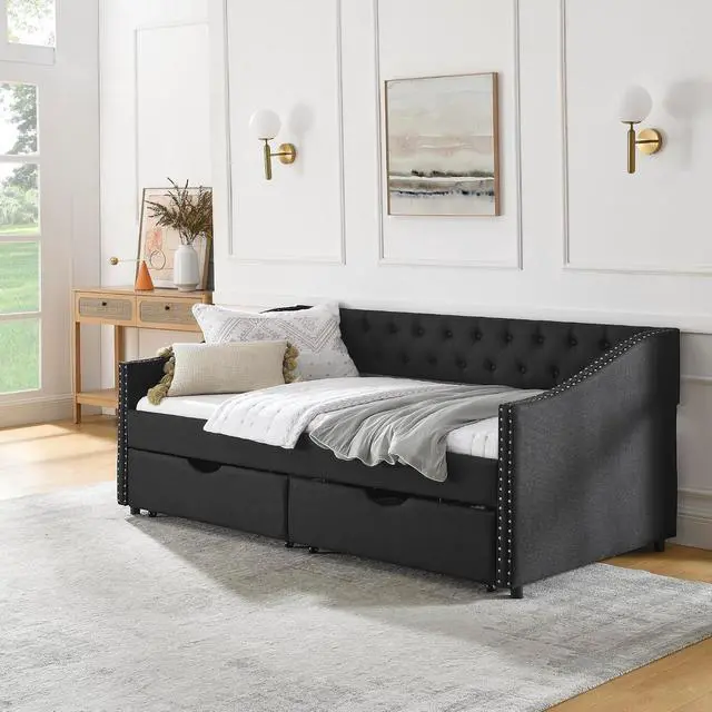 Alt view image 2 of 7 - Twin Size Velvet Daybed with Drawers,Upholstered Day Bed with Storage and Copper Nailhead Trim,Button Tufted Mid-Century Corner Bed Frame with Waved Shape Arms,Living Room,Home,Office,Guest Room,Black