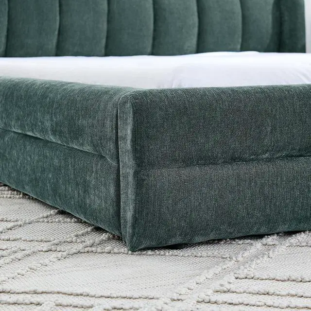 Alt view image 7 of 7 - Queen Bed Frame with with Headboard, Chenille Upholstered Bed Frame, Grounded Queen Platform Bed, Thick Fabric Double Bed with Solid Wooden Slats Support, Green