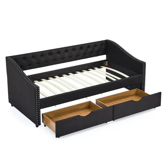 Alt view image 5 of 7 - Twin Size Velvet Daybed with Drawers,Upholstered Day Bed with Storage and Copper Nailhead Trim,Button Tufted Mid-Century Corner Bed Frame with Waved Shape Arms,Living Room,Home,Office,Guest Room,Black