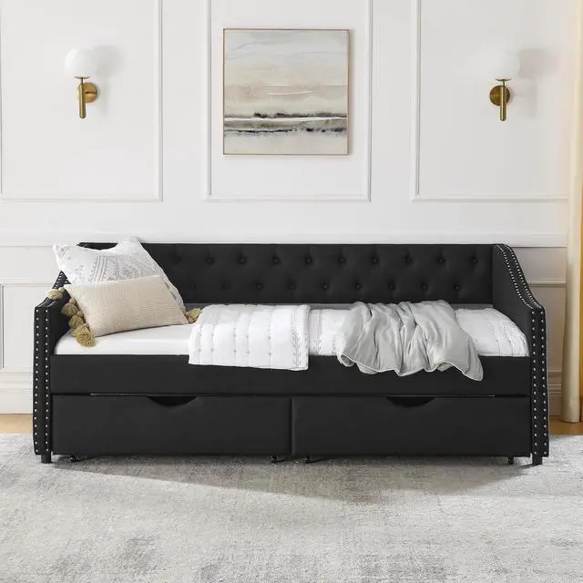 Alt view image 3 of 7 - Twin Size Velvet Daybed with Drawers,Upholstered Day Bed with Storage and Copper Nailhead Trim,Button Tufted Mid-Century Corner Bed Frame with Waved Shape Arms,Living Room,Home,Office,Guest Room,Black