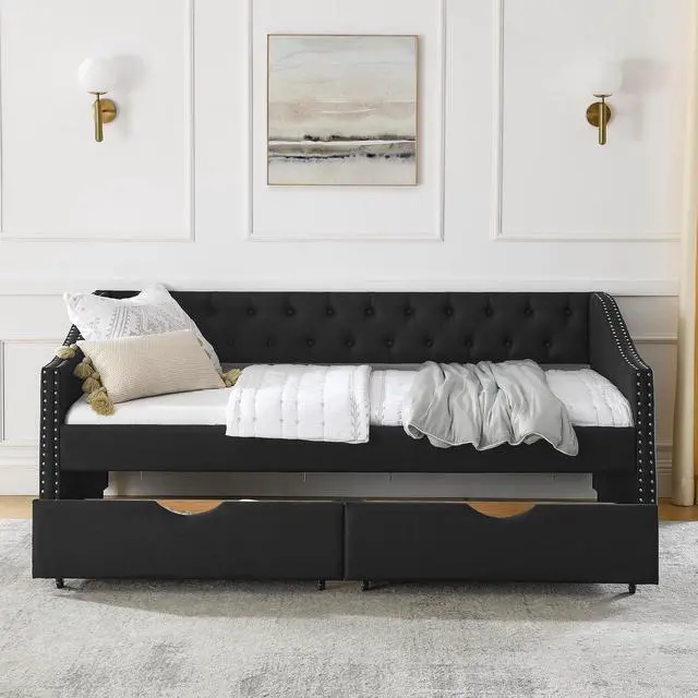 Alt view image 4 of 7 - Twin Size Velvet Daybed with Drawers,Upholstered Day Bed with Storage and Copper Nailhead Trim,Button Tufted Mid-Century Corner Bed Frame with Waved Shape Arms,Living Room,Home,Office,Guest Room,Black