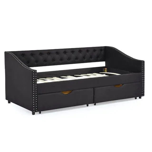 Alt view image 6 of 7 - Twin Size Velvet Daybed with Drawers,Upholstered Day Bed with Storage and Copper Nailhead Trim,Button Tufted Mid-Century Corner Bed Frame with Waved Shape Arms,Living Room,Home,Office,Guest Room,Black