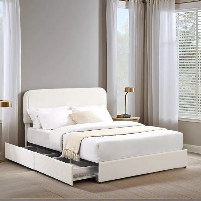 Main image of Queen Size Boucle Upholstered Bed with 2 Drawers, Platform Bed with Storage and Tufted Headboard, Soft Double Bed Frame with Wooden Slat Support, No Box Spring Needed, Ivory