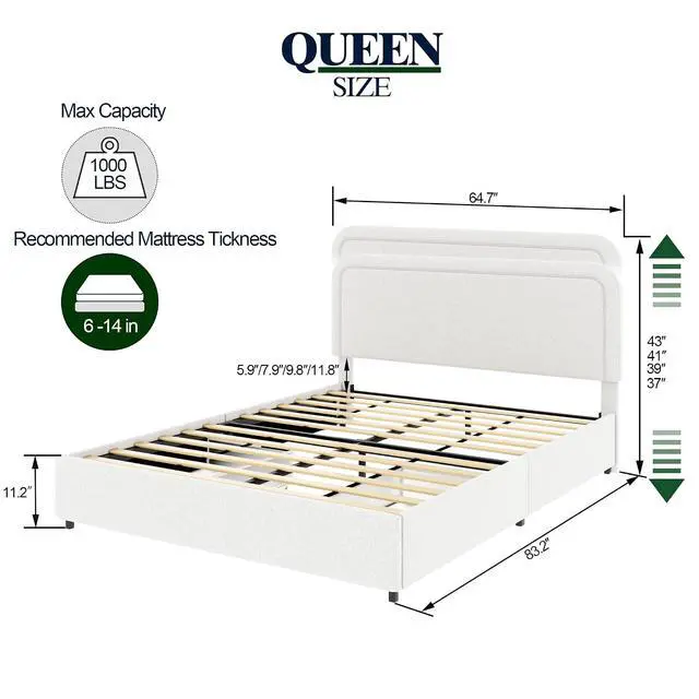 Alt view image 2 of 7 - Queen Size Boucle Upholstered Bed with 2 Drawers, Platform Bed with Storage and Tufted Headboard, Soft Double Bed Frame with Wooden Slat Support, No Box Spring Needed, Ivory