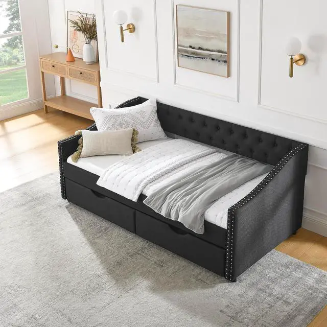 Alt view image 7 of 7 - Twin Size Velvet Daybed with Drawers,Upholstered Day Bed with Storage and Copper Nailhead Trim,Button Tufted Mid-Century Corner Bed Frame with Waved Shape Arms,Living Room,Home,Office,Guest Room,Black