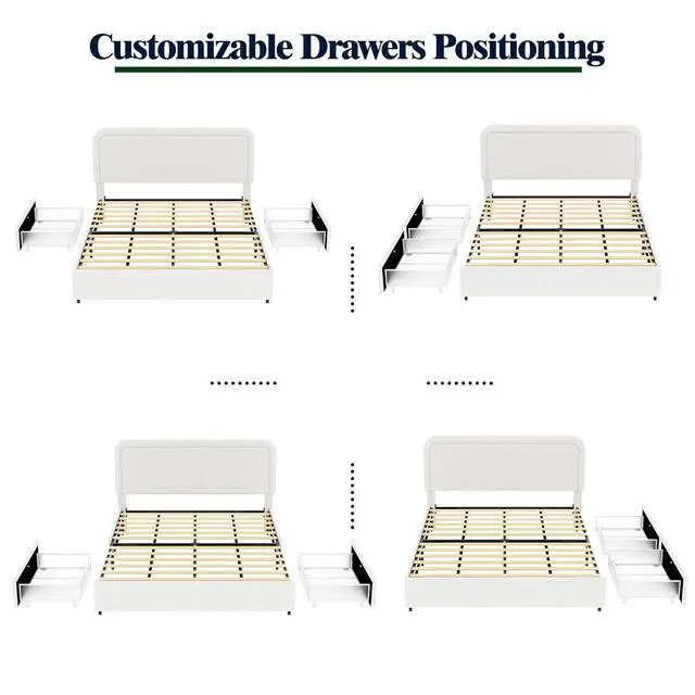 Alt view image 3 of 7 - Queen Size Boucle Upholstered Bed with 2 Drawers, Platform Bed with Storage and Tufted Headboard, Soft Double Bed Frame with Wooden Slat Support, No Box Spring Needed, Ivory