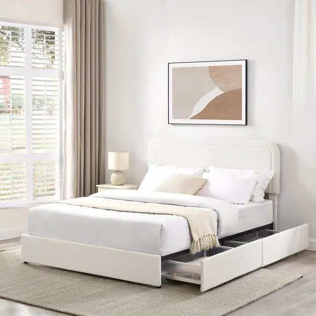 Alt view image 4 of 7 - Queen Size Boucle Upholstered Bed with 2 Drawers, Platform Bed with Storage and Tufted Headboard, Soft Double Bed Frame with Wooden Slat Support, No Box Spring Needed, Ivory