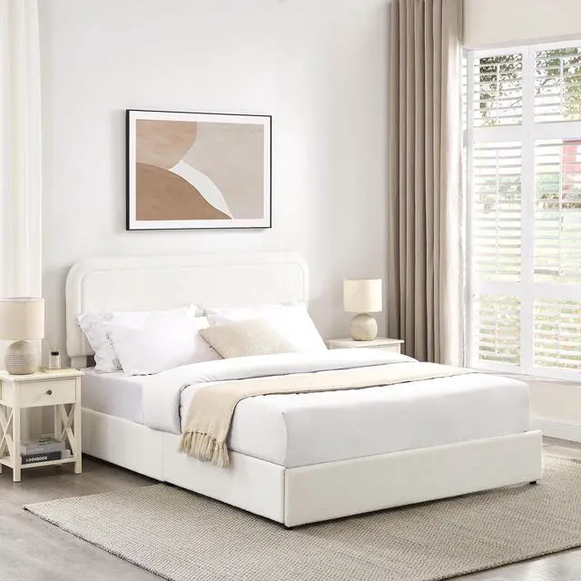 Alt view image 5 of 7 - Queen Size Boucle Upholstered Bed with 2 Drawers, Platform Bed with Storage and Tufted Headboard, Soft Double Bed Frame with Wooden Slat Support, No Box Spring Needed, Ivory