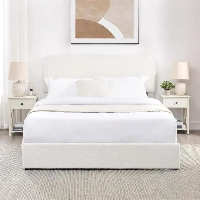 Alt view image 6 of 7 - Queen Size Boucle Upholstered Bed with 2 Drawers, Platform Bed with Storage and Tufted Headboard, Soft Double Bed Frame with Wooden Slat Support, No Box Spring Needed, Ivory