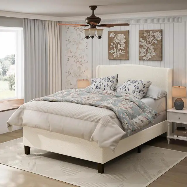Main image of Queen Size Wingback Bed Frame,Teddy Velvet Upholstered Bed with 49.2" High Back Headboard and High Footboard, Luxury Double Bed Frame with Solid Wood Slat Support and Feet,No Box Spring Needed, White