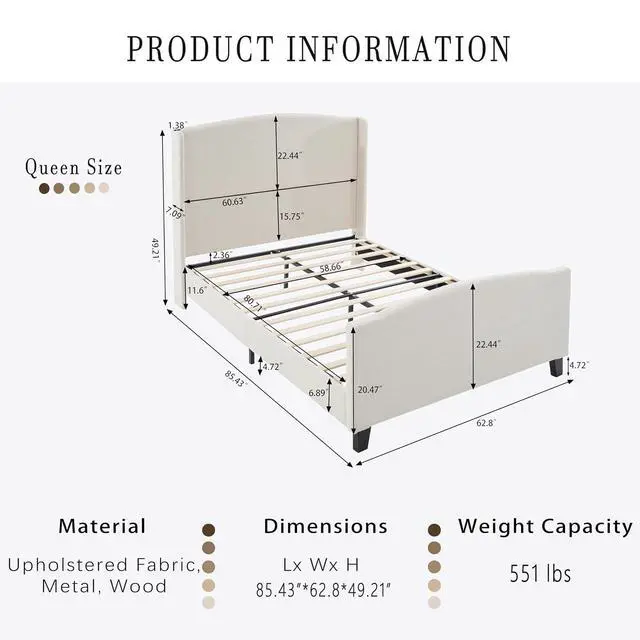 Alt view image 2 of 7 - Queen Size Wingback Bed Frame,Teddy Velvet Upholstered Bed with 49.2" High Back Headboard and High Footboard, Luxury Double Bed Frame with Solid Wood Slat Support and Feet,No Box Spring Needed, White