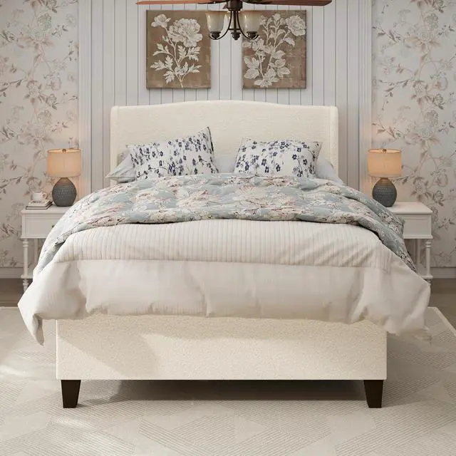 Alt view image 3 of 7 - Queen Size Wingback Bed Frame,Teddy Velvet Upholstered Bed with 49.2" High Back Headboard and High Footboard, Luxury Double Bed Frame with Solid Wood Slat Support and Feet,No Box Spring Needed, White