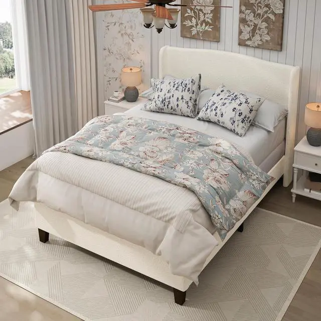 Alt view image 4 of 7 - Queen Size Wingback Bed Frame,Teddy Velvet Upholstered Bed with 49.2" High Back Headboard and High Footboard, Luxury Double Bed Frame with Solid Wood Slat Support and Feet,No Box Spring Needed, White