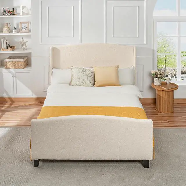 Alt view image 5 of 7 - Queen Size Wingback Bed Frame,Teddy Velvet Upholstered Bed with 49.2" High Back Headboard and High Footboard, Luxury Double Bed Frame with Solid Wood Slat Support and Feet,No Box Spring Needed, White