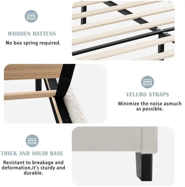 Alt view image 7 of 7 - Queen Size Wingback Bed Frame,Teddy Velvet Upholstered Bed with 49.2" High Back Headboard and High Footboard, Luxury Double Bed Frame with Solid Wood Slat Support and Feet,No Box Spring Needed, White