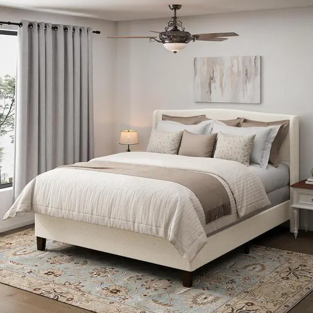 Main image of King Size Wingback Bed Frame,Teddy Velvet Upholstered Bed with 49.2" High Back Headboard and High Footboard, Luxury Double Bed Frame with Solid Wood Slat Support and Feet,No Box Spring Needed, White