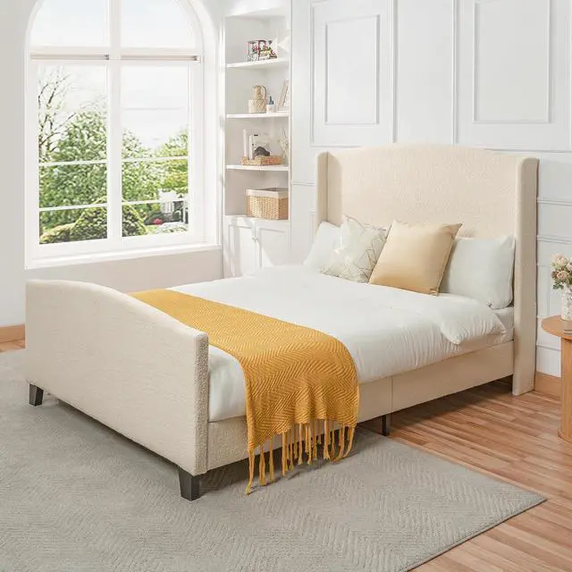 Alt view image 6 of 7 - Queen Size Wingback Bed Frame,Teddy Velvet Upholstered Bed with 49.2" High Back Headboard and High Footboard, Luxury Double Bed Frame with Solid Wood Slat Support and Feet,No Box Spring Needed, White