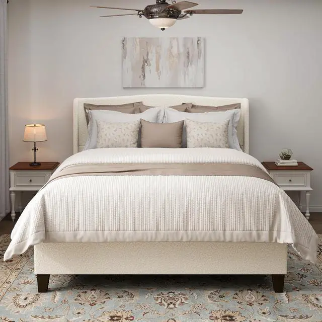 Alt view image 3 of 7 - King Size Wingback Bed Frame,Teddy Velvet Upholstered Bed with 49.2" High Back Headboard and High Footboard, Luxury Double Bed Frame with Solid Wood Slat Support and Feet,No Box Spring Needed, White