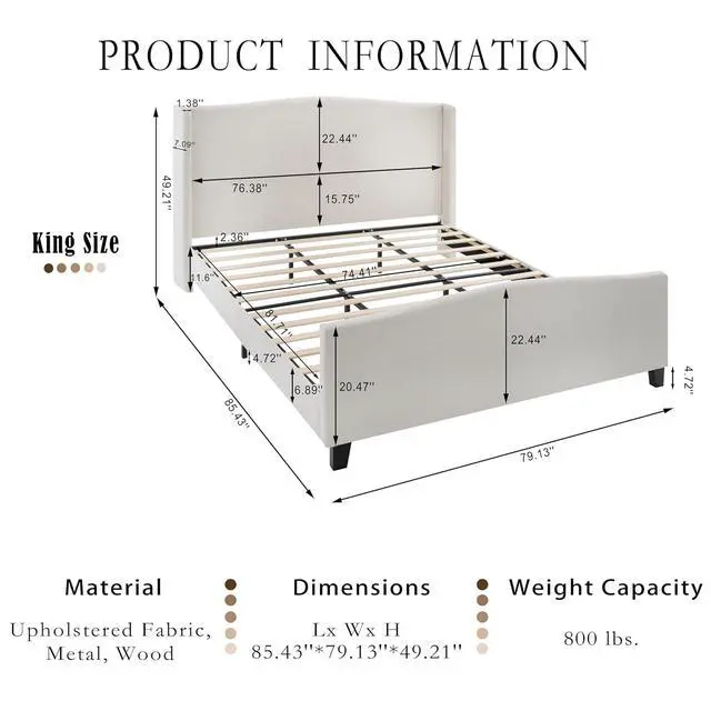 Alt view image 2 of 7 - King Size Wingback Bed Frame,Teddy Velvet Upholstered Bed with 49.2" High Back Headboard and High Footboard, Luxury Double Bed Frame with Solid Wood Slat Support and Feet,No Box Spring Needed, White