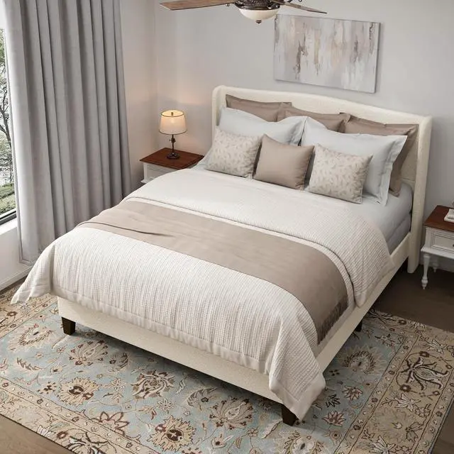 Alt view image 4 of 7 - King Size Wingback Bed Frame,Teddy Velvet Upholstered Bed with 49.2" High Back Headboard and High Footboard, Luxury Double Bed Frame with Solid Wood Slat Support and Feet,No Box Spring Needed, White