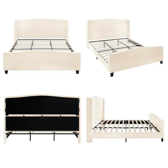 Alt view image 5 of 7 - King Size Wingback Bed Frame,Teddy Velvet Upholstered Bed with 49.2" High Back Headboard and High Footboard, Luxury Double Bed Frame with Solid Wood Slat Support and Feet,No Box Spring Needed, White