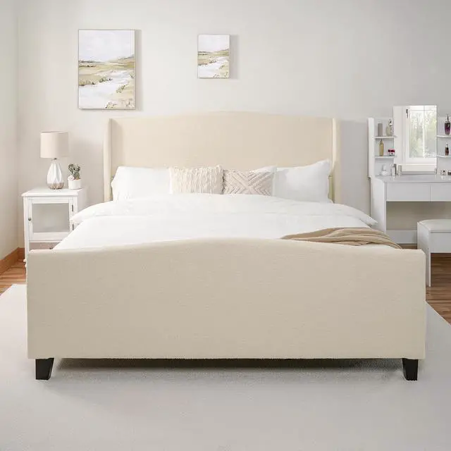 Alt view image 6 of 7 - King Size Wingback Bed Frame,Teddy Velvet Upholstered Bed with 49.2" High Back Headboard and High Footboard, Luxury Double Bed Frame with Solid Wood Slat Support and Feet,No Box Spring Needed, White