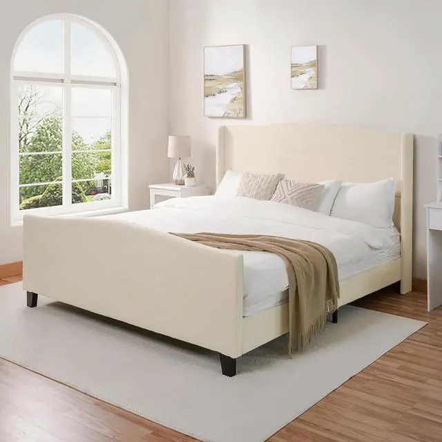 Alt view image 7 of 7 - King Size Wingback Bed Frame,Teddy Velvet Upholstered Bed with 49.2" High Back Headboard and High Footboard, Luxury Double Bed Frame with Solid Wood Slat Support and Feet,No Box Spring Needed, White