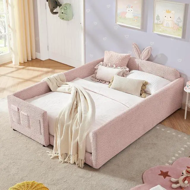 Main image of Full Size Boucle Upholstered Floor Bed, Princess Platform Bed with Cute Rabbit Ear Shaped Headboard, Safety Rail and Pockets, Soft Double Bedframe for Girls and Boys Bedroom, Easy to Assemble, Pink
