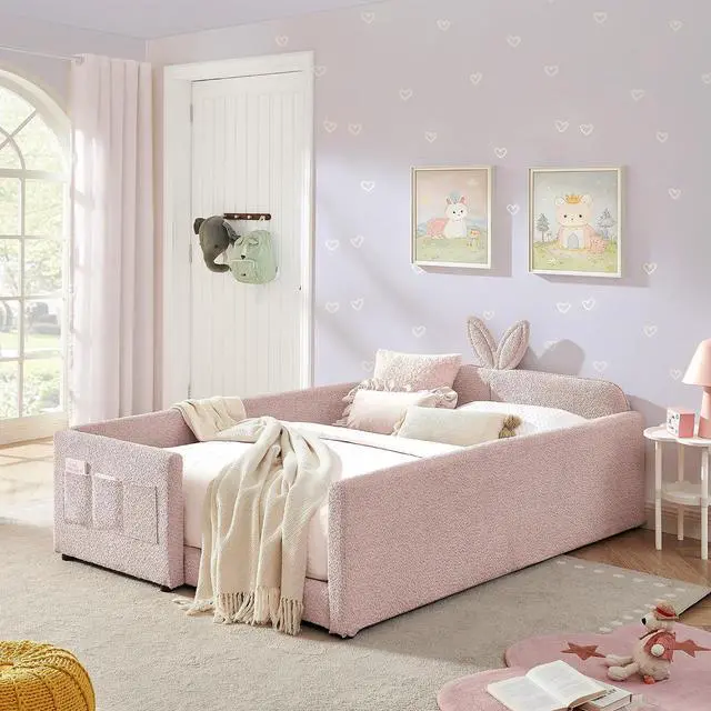 Alt view image 3 of 7 - Full Size Boucle Upholstered Floor Bed, Princess Platform Bed with Cute Rabbit Ear Shaped Headboard, Safety Rail and Pockets, Soft Double Bedframe for Girls and Boys Bedroom, Easy to Assemble, Pink