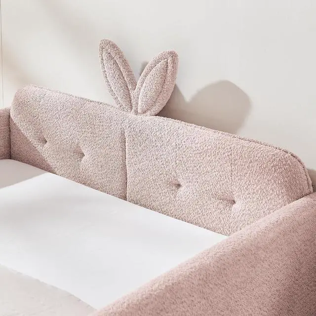 Alt view image 4 of 7 - Full Size Boucle Upholstered Floor Bed, Princess Platform Bed with Cute Rabbit Ear Shaped Headboard, Safety Rail and Pockets, Soft Double Bedframe for Girls and Boys Bedroom, Easy to Assemble, Pink